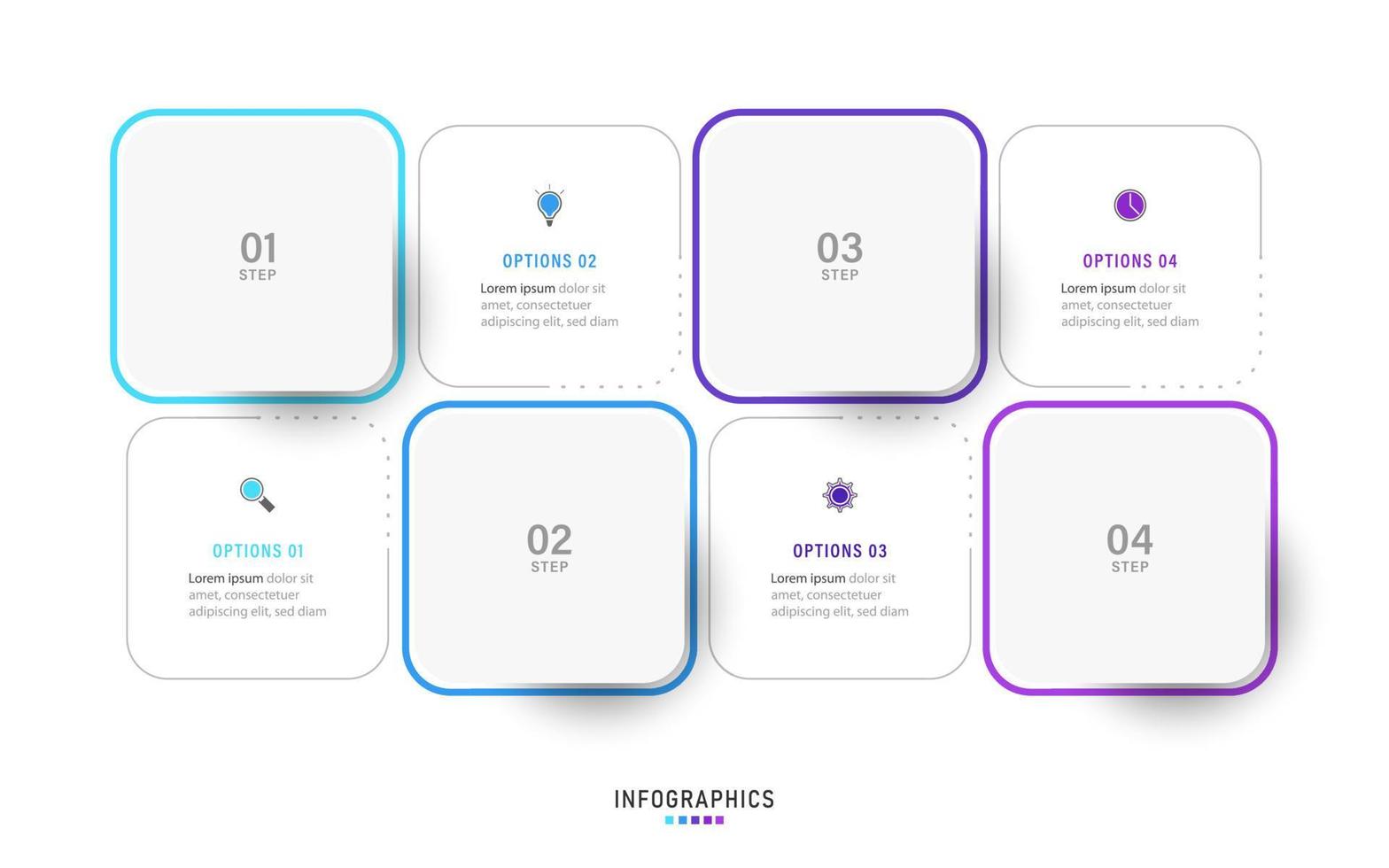 plantilla de diseño de etiquetas infográficas vectoriales con iconos y 4 opciones o pasos. se puede utilizar para diagramas de proceso, presentaciones, diseño de flujo de trabajo, banner, diagrama de flujo, gráfico de información. vector