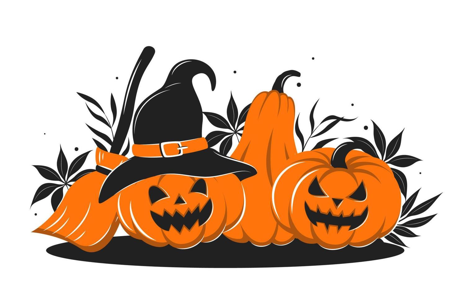 Happy Halloween. Composition with with different pumpkins and broom. vector