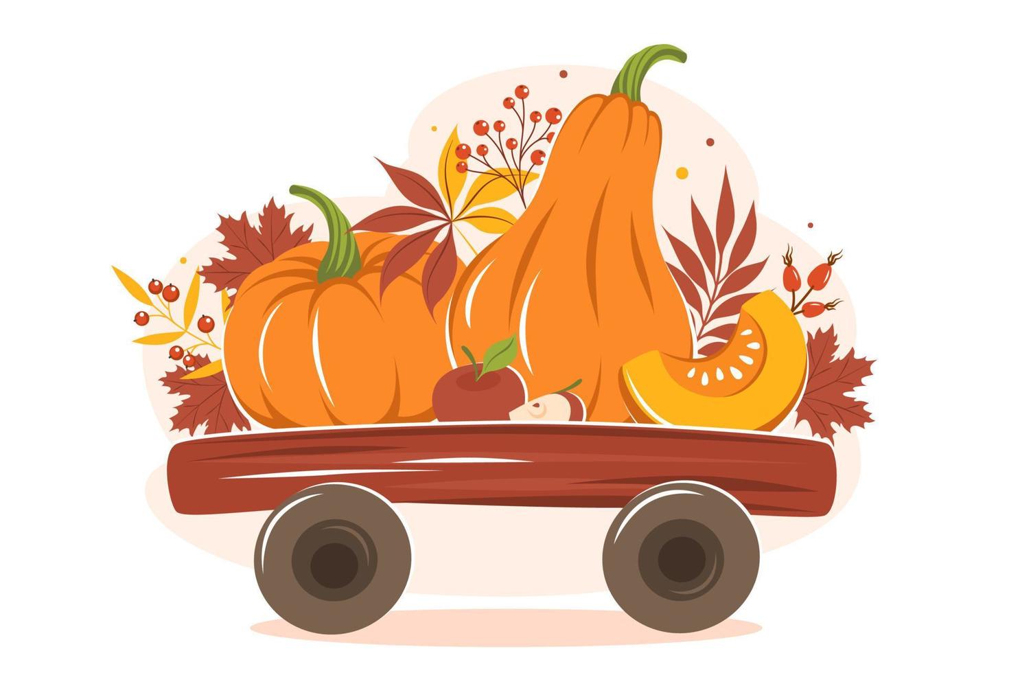 diseño de tarjetas con hojas coloridas de otoño, cosecha de calabaza y fruta en el carro. Feliz día de acción de gracias. ilustración vectorial para tarjeta de felicitación navideña, pancarta, póster. vector