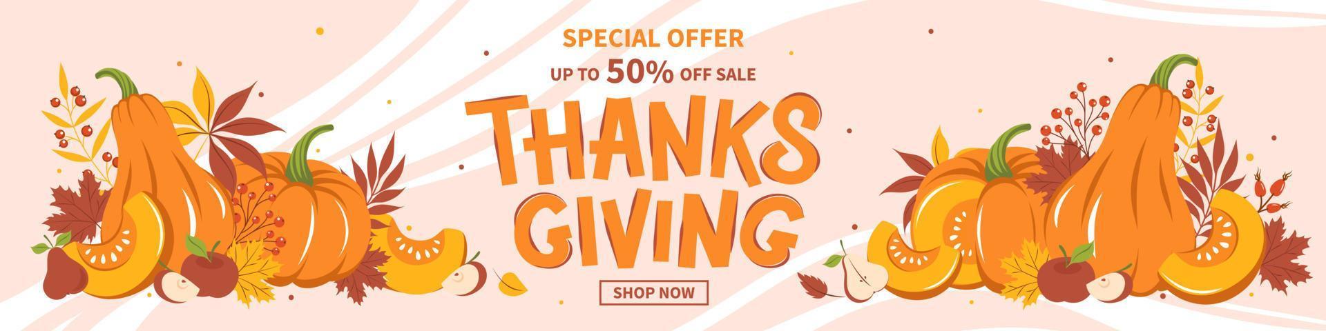 Thanksgiving sale banner, seasonal promo offer discount poster for autumnal shopping. Pumpkin harvest, fruits, leaves, berries. Vector illustration