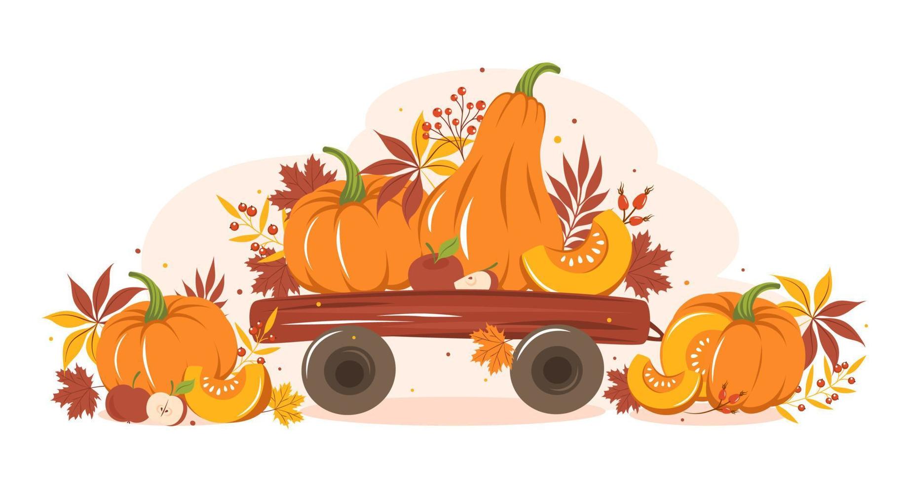 diseño de tarjetas con hojas coloridas de otoño, cosecha de calabaza y fruta en el carro. Feliz día de acción de gracias. ilustración vectorial para tarjeta de felicitación navideña, pancarta, póster. vector