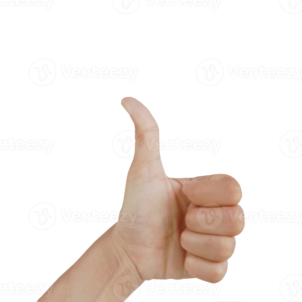 Close up Asian female left hand show gives like thumbs up, sign arm and hand isolated on a white background copy space png