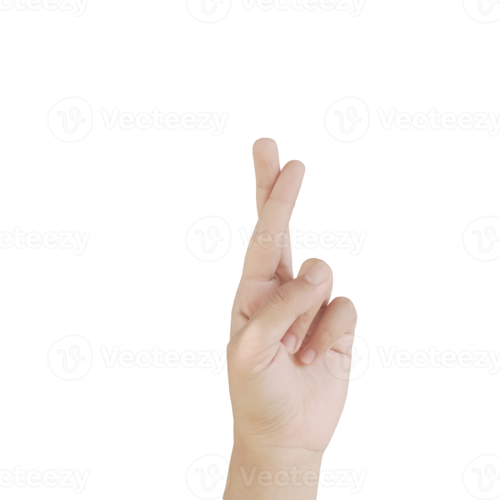 Close up Asian female15-20 age hand show two fingers rim light for lie and wishing, for good luck gesture, sign arm and hand isolated on a white background copy space symbol language png