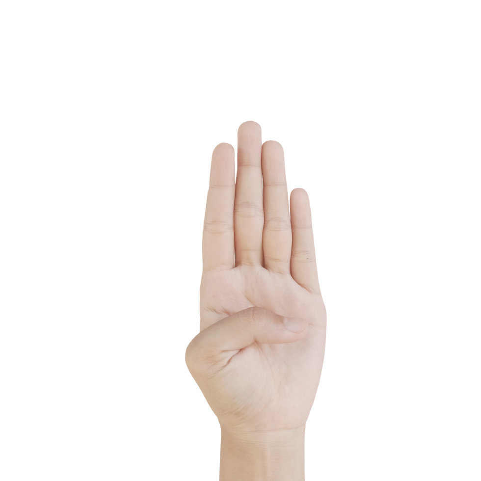 Close up Asian female15-20 age hand show Number four finger, sign arm and hand isolated on a white background copy space symbol language png