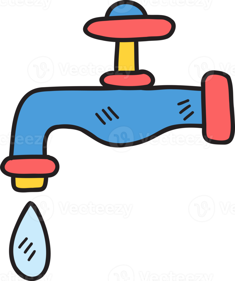 hand gezeichneter wasserhahn mit tropfender wasserillustration auf transparentem hintergrund png