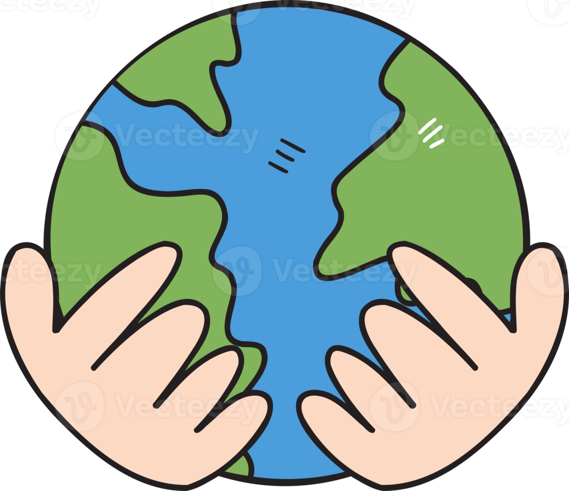 Hand Drawn world and hand illustration on transparent background png