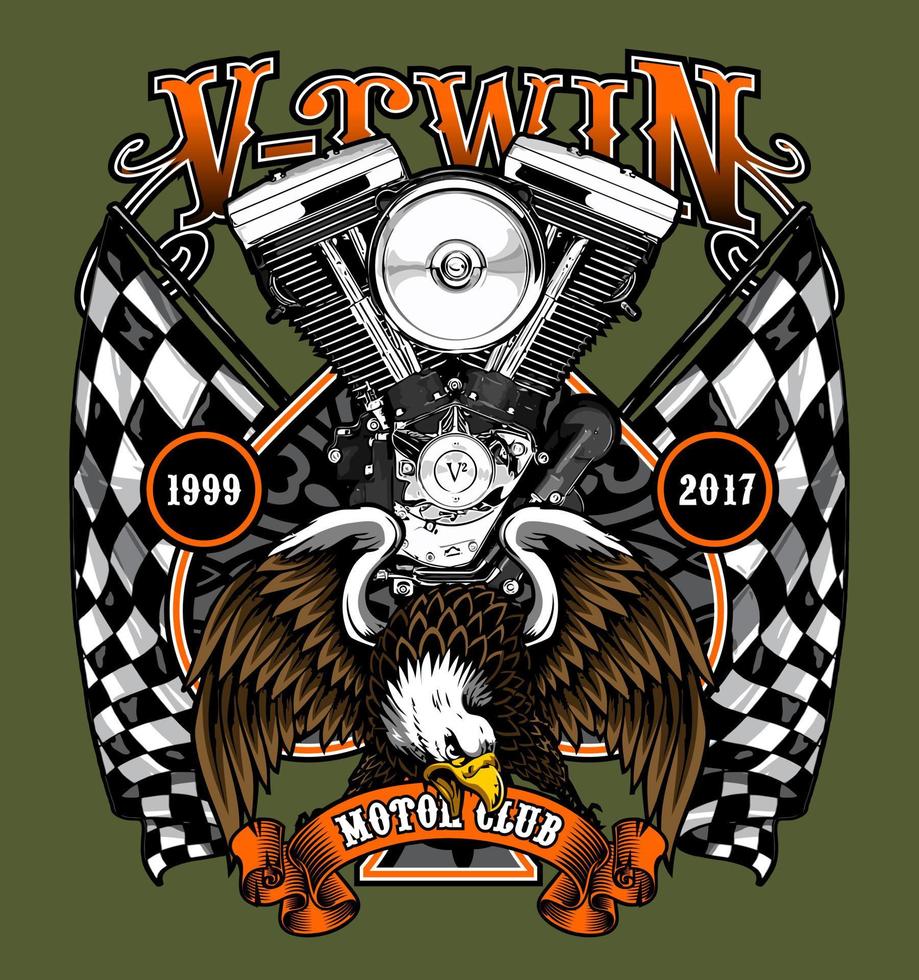v twin and eagle on racing flag vector