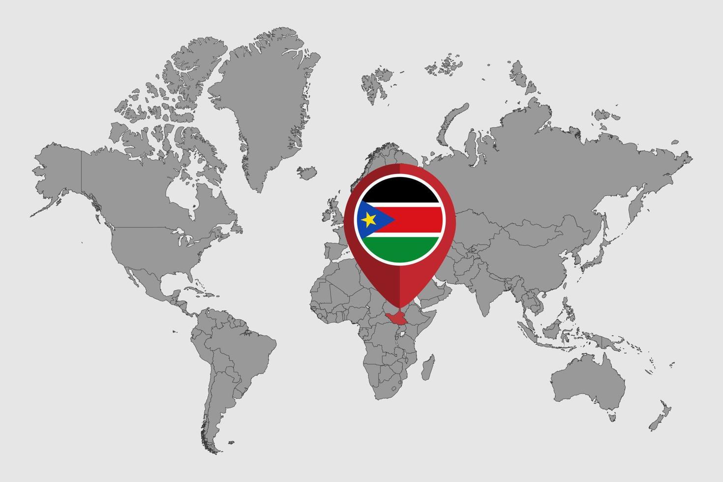 Pin map with South Sudan flag on world map. Vector illustration.