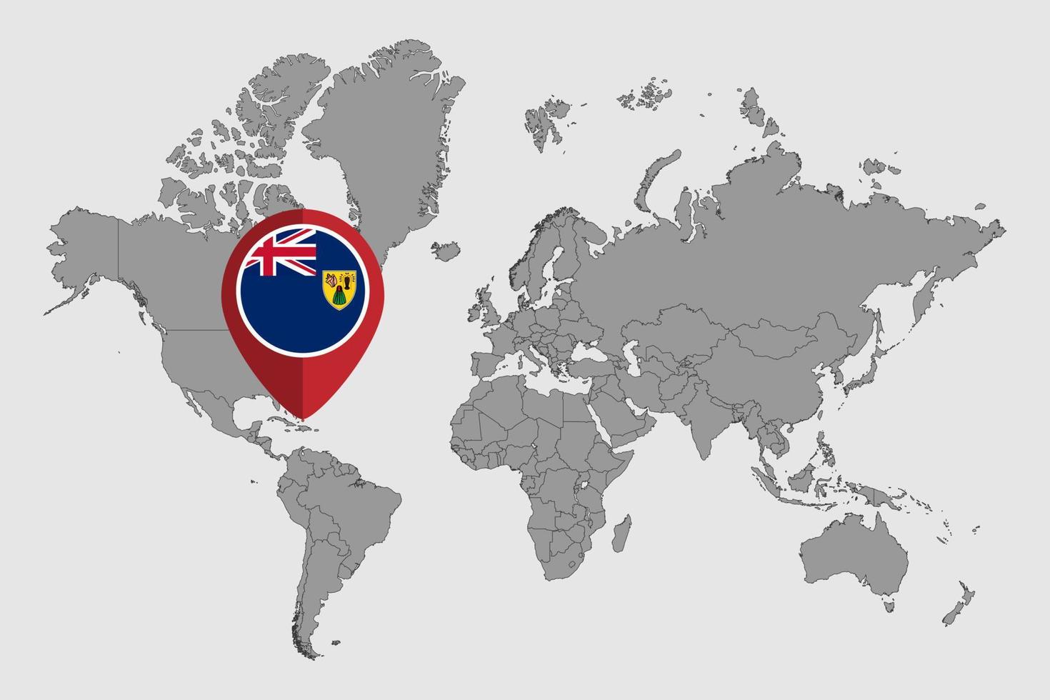 Pin map with Turks and Caicos Islands flag on world map. Vector illustration.