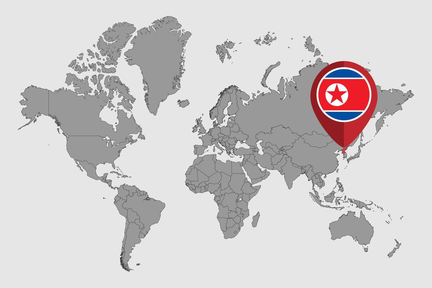 pin mapa con la bandera de corea del norte en el mapa mundial. ilustración vectorial vector