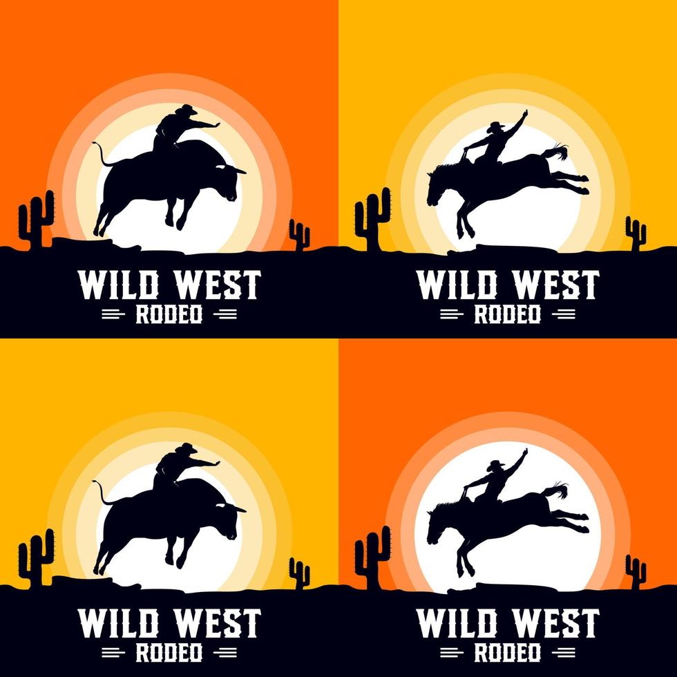 Rodeo cowboy riding bull and horse on a wooden sign vector