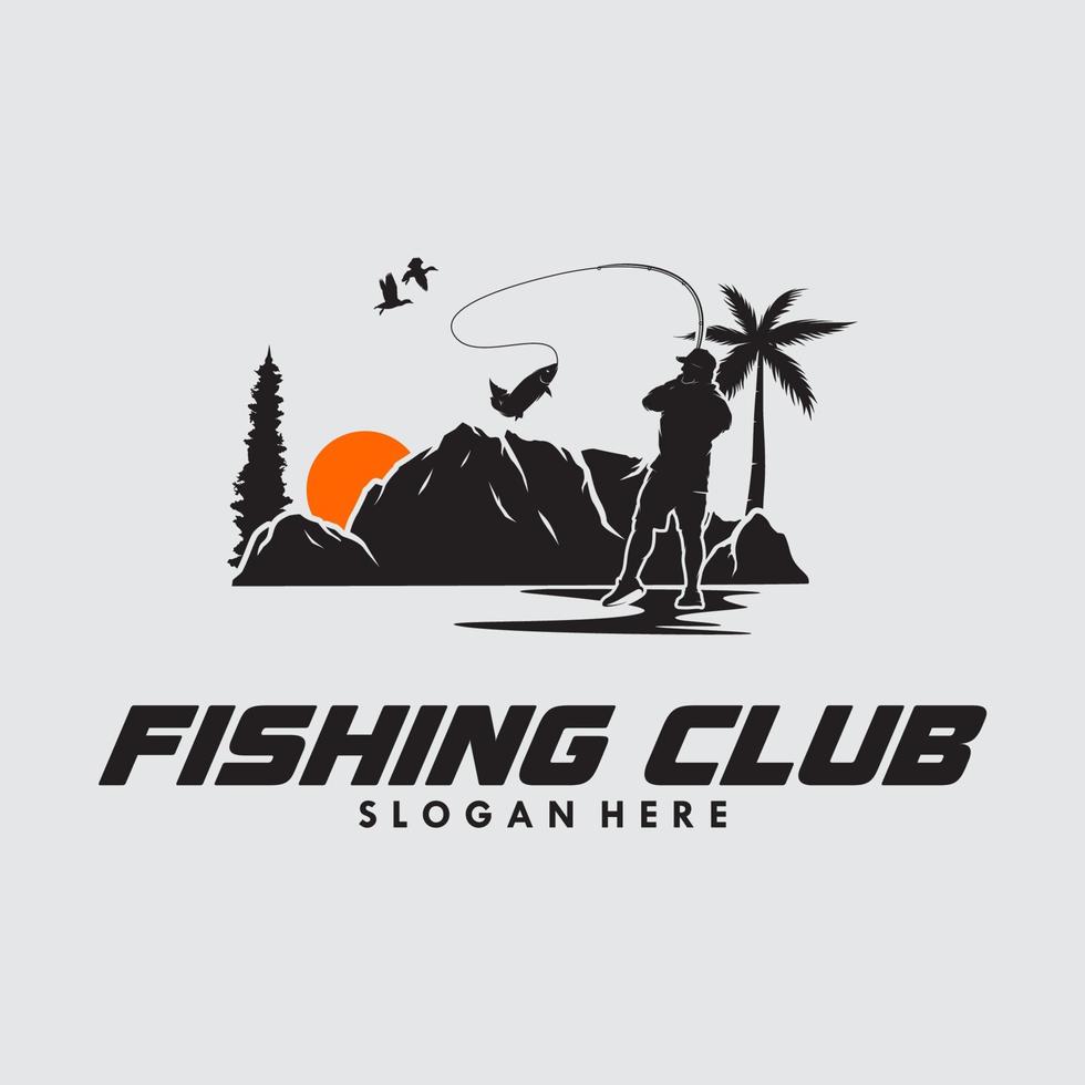 una silueta de hombre pescando en el diseño del logotipo de fondo de montaña vector