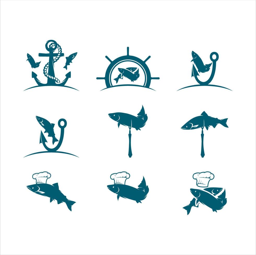 conjunto de vectores de mar, pescado, diseño de logotipo de restaurante