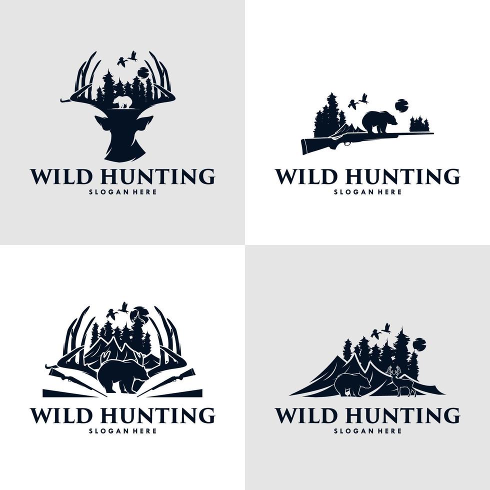 Collection of hunting duck, bear and deer hunt logo design vector