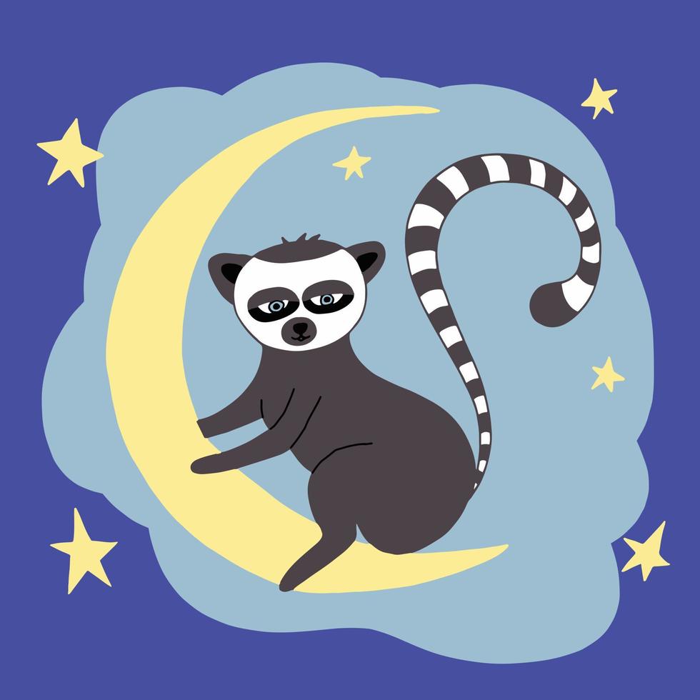 lemur sitting on the moon icon. hand drawn doodle style. vector, cartoon. Nursery room decor, children print. cute animal. newborn, sticker poster card vector