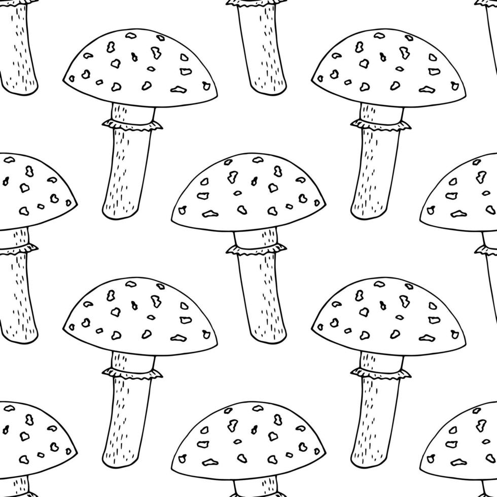 fly agaric seamless pattern. wallpaper, textile, background, wrapping paper. sketch hand drawn doodle. scandinavian monochrome minimalism. mushroom, forest poisonous inedible vector