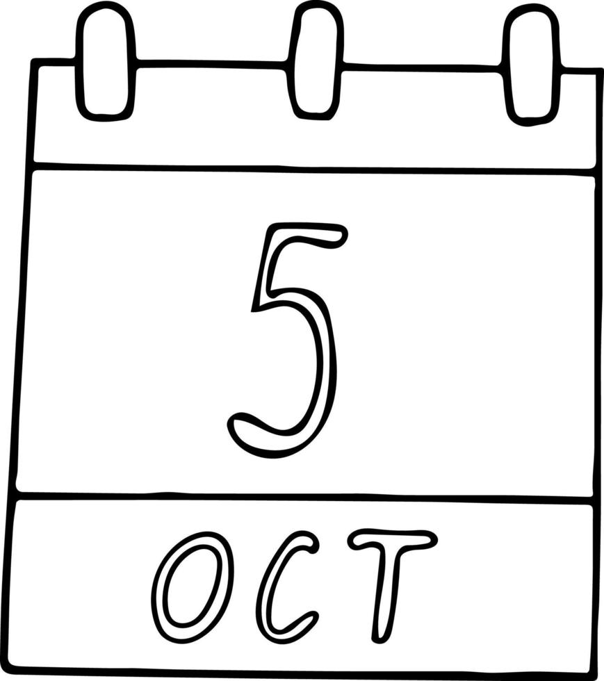 calendario dibujado a mano en estilo garabato. 5 de octubre. día mundial del maestro, arquitectura, hábitat, médico internacional, fecha. icono, elemento adhesivo para el diseño. planificación, vacaciones de negocios vector