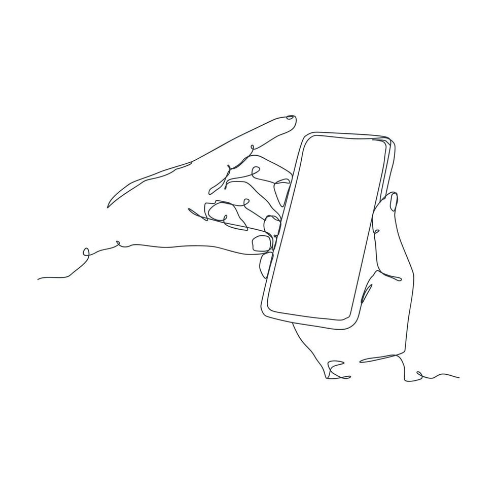 continuous line drawing of person holding smartphone vector