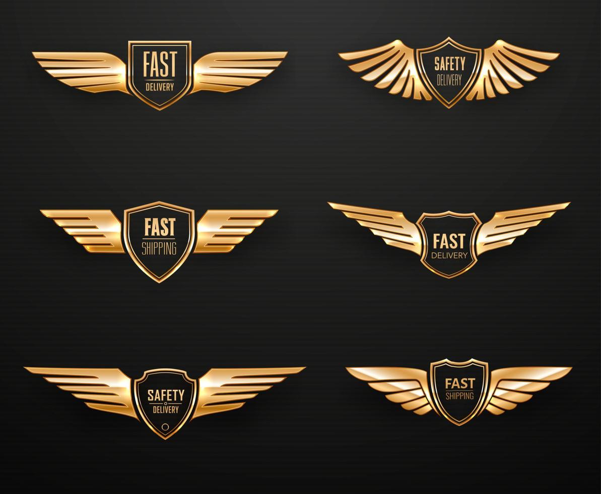 Fast shipping, safety delivery, golden eagle wings vector