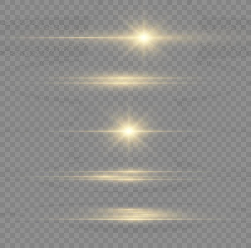 paquete de destellos de lentes horizontales amarillas. rayos láser, rayos de luz horizontales. hermosos destellos de luz. luz de flash con chispas de polvo de hadas y estrellas doradas brillan. luz de brillo polvoriento. vector