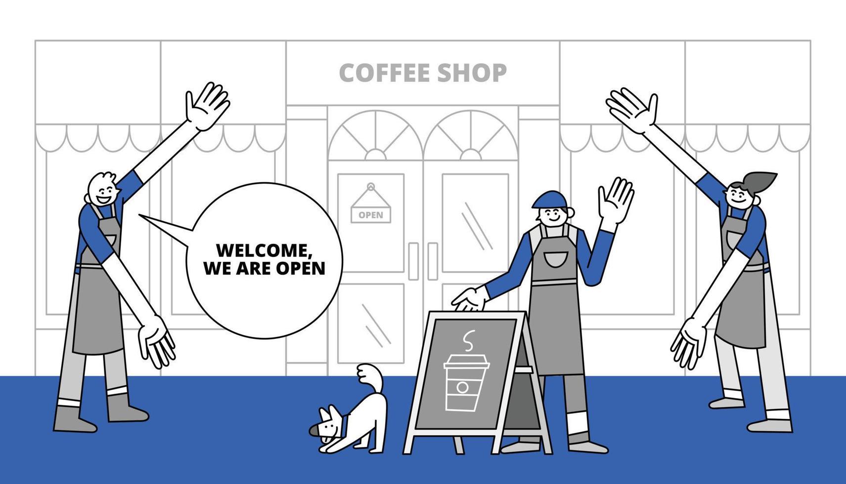 Open Coffee Shop Hand Drawn Character Illustration vector