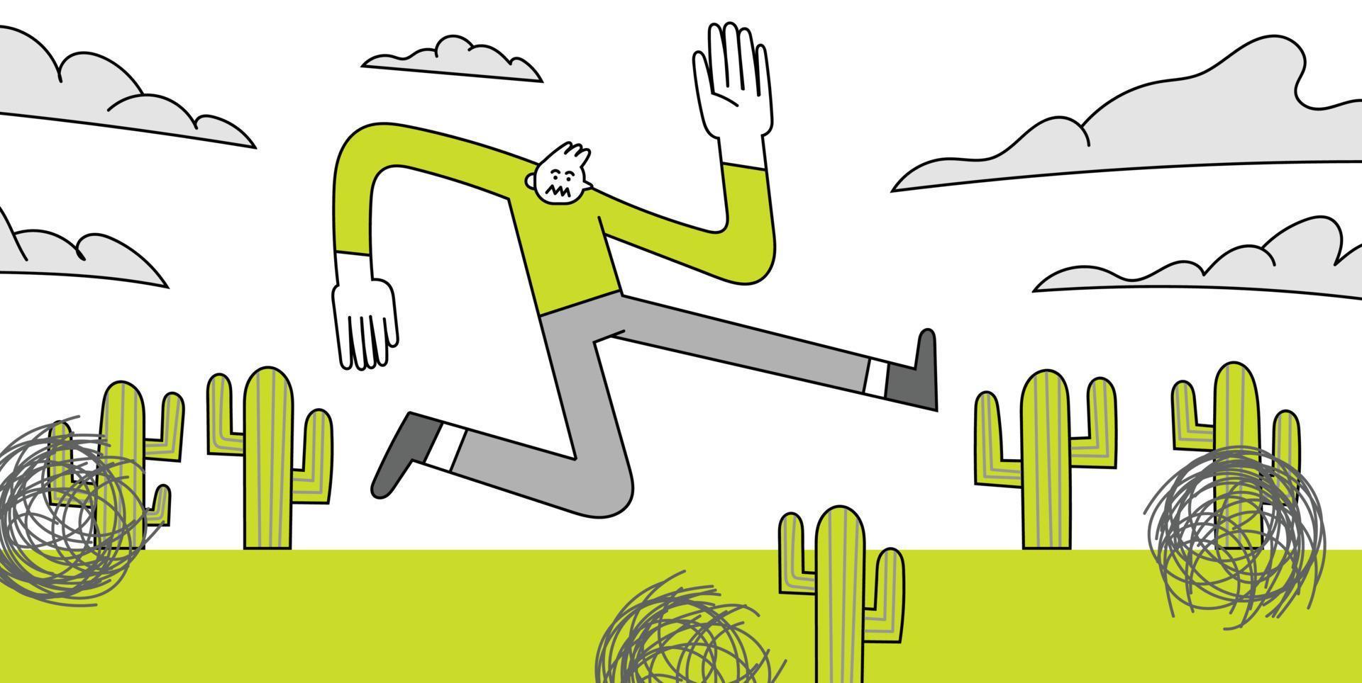 Jumping Over Cactus Hand Drawn Character Illustration vector
