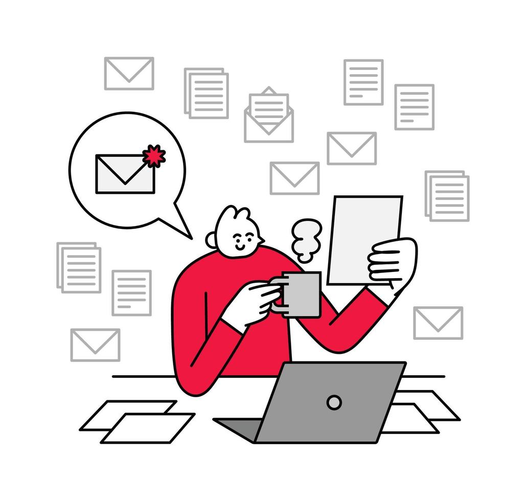Working in front of Laptop Hand Drawn Character Illustration vector