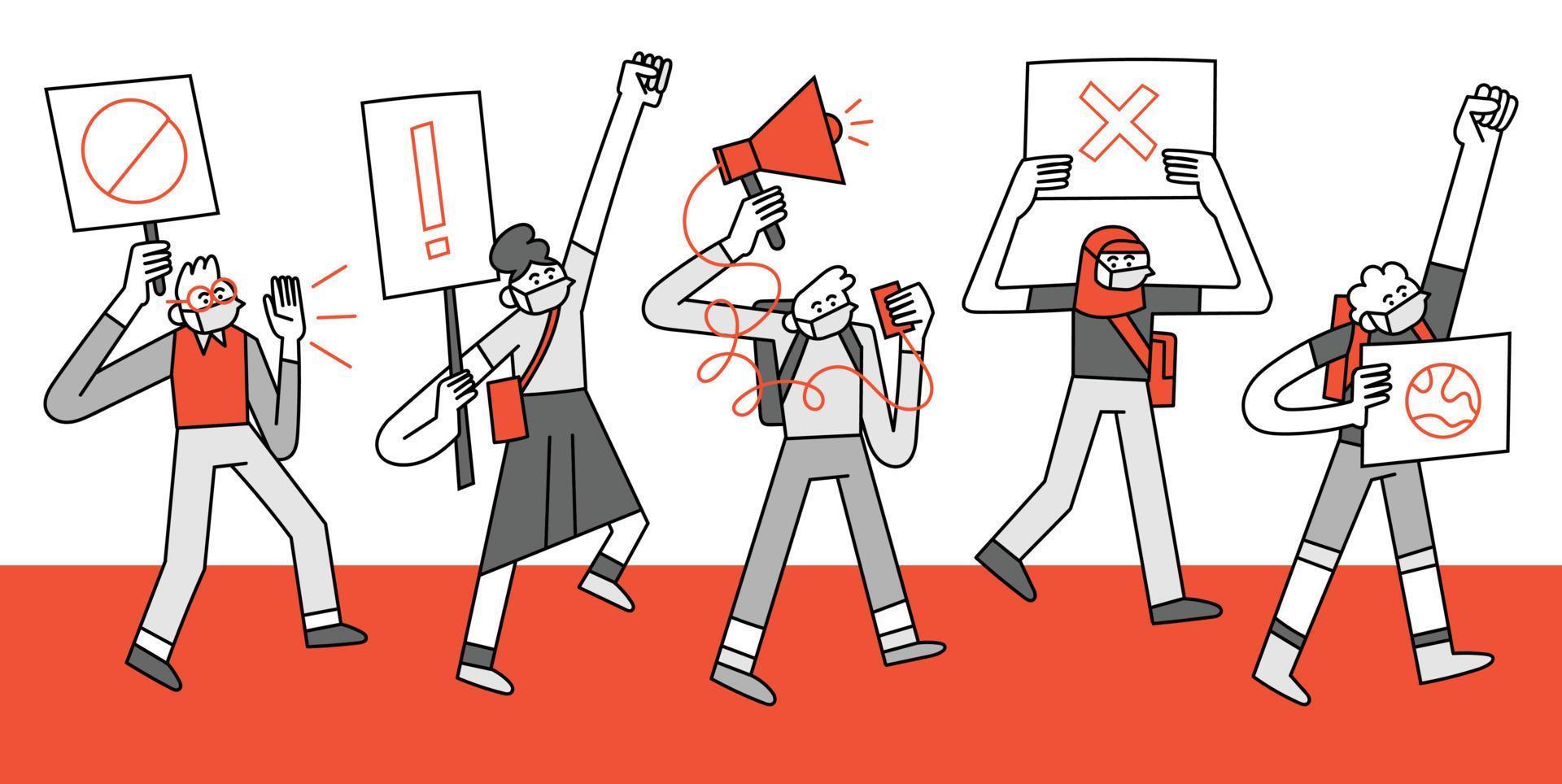 A Group of Student Activist Wearing Mask Protesting with Banners Hand Drawn Character Illustration vector