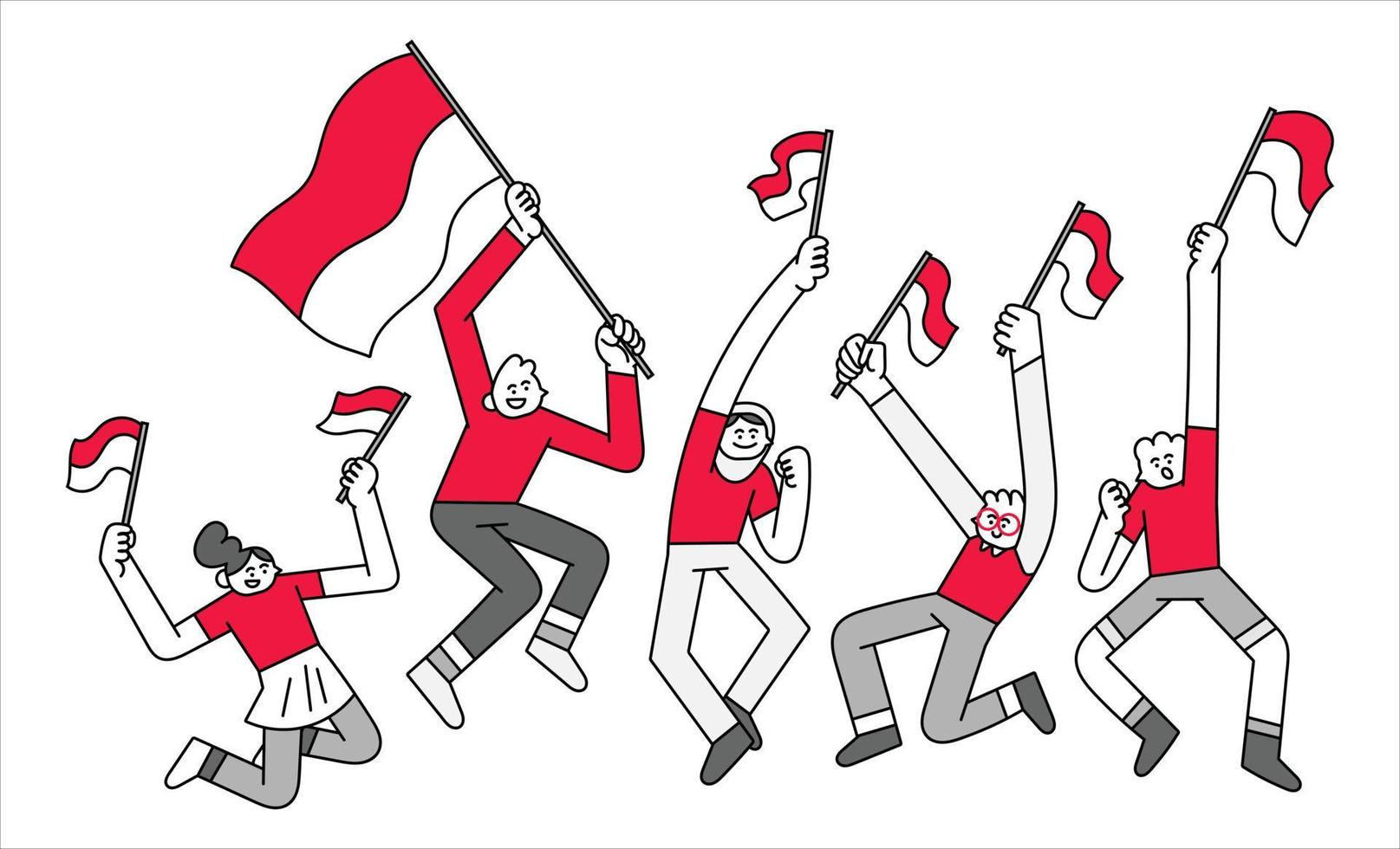 jóvenes saltando mientras sostienen banderas ilustración de personajes dibujados a mano vector