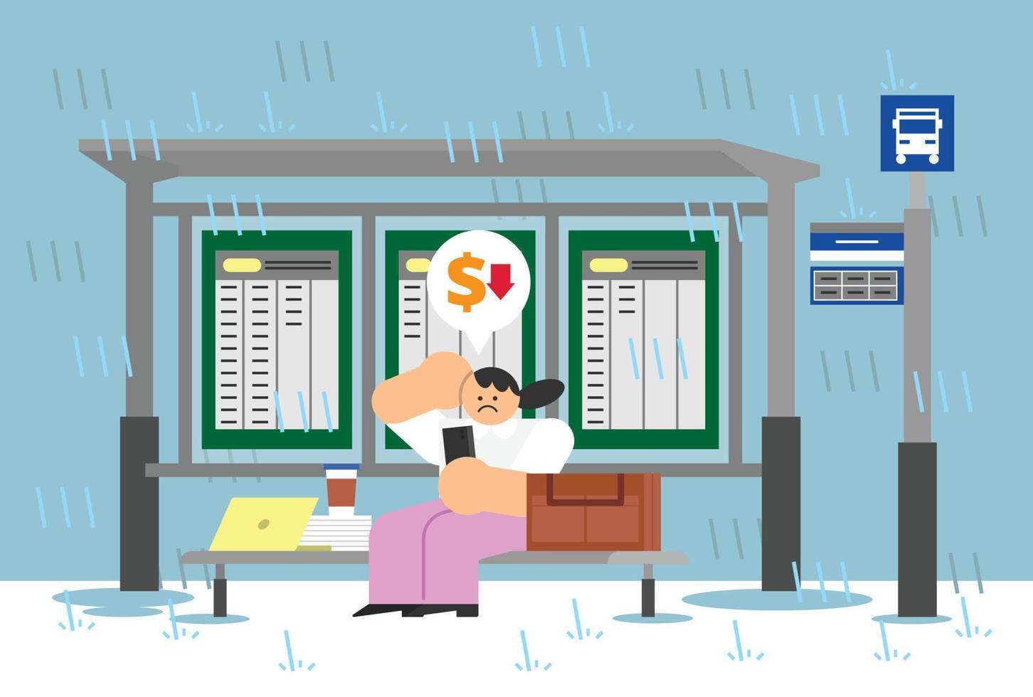 Sad Business Woman at the Bus Stop Flat Design Character Illustration vector