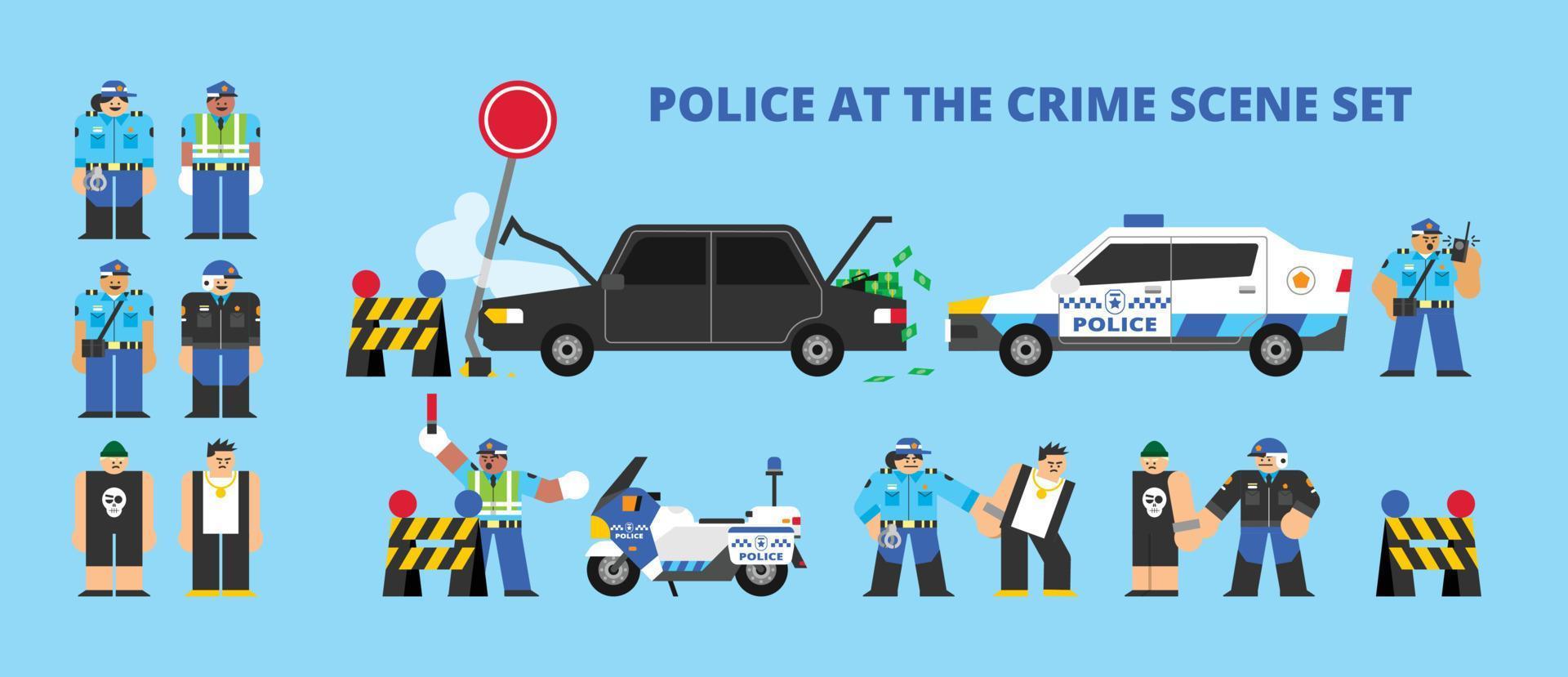 la policía en la escena del crimen establece una ilustración de personaje de diseño plano vector