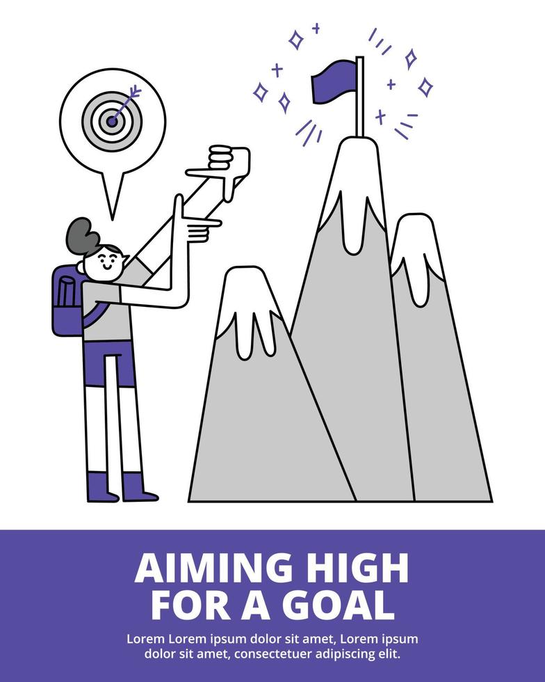 Female Student Aiming for a Flag on top of A Mountain Hand Drawn Character Illustration vector