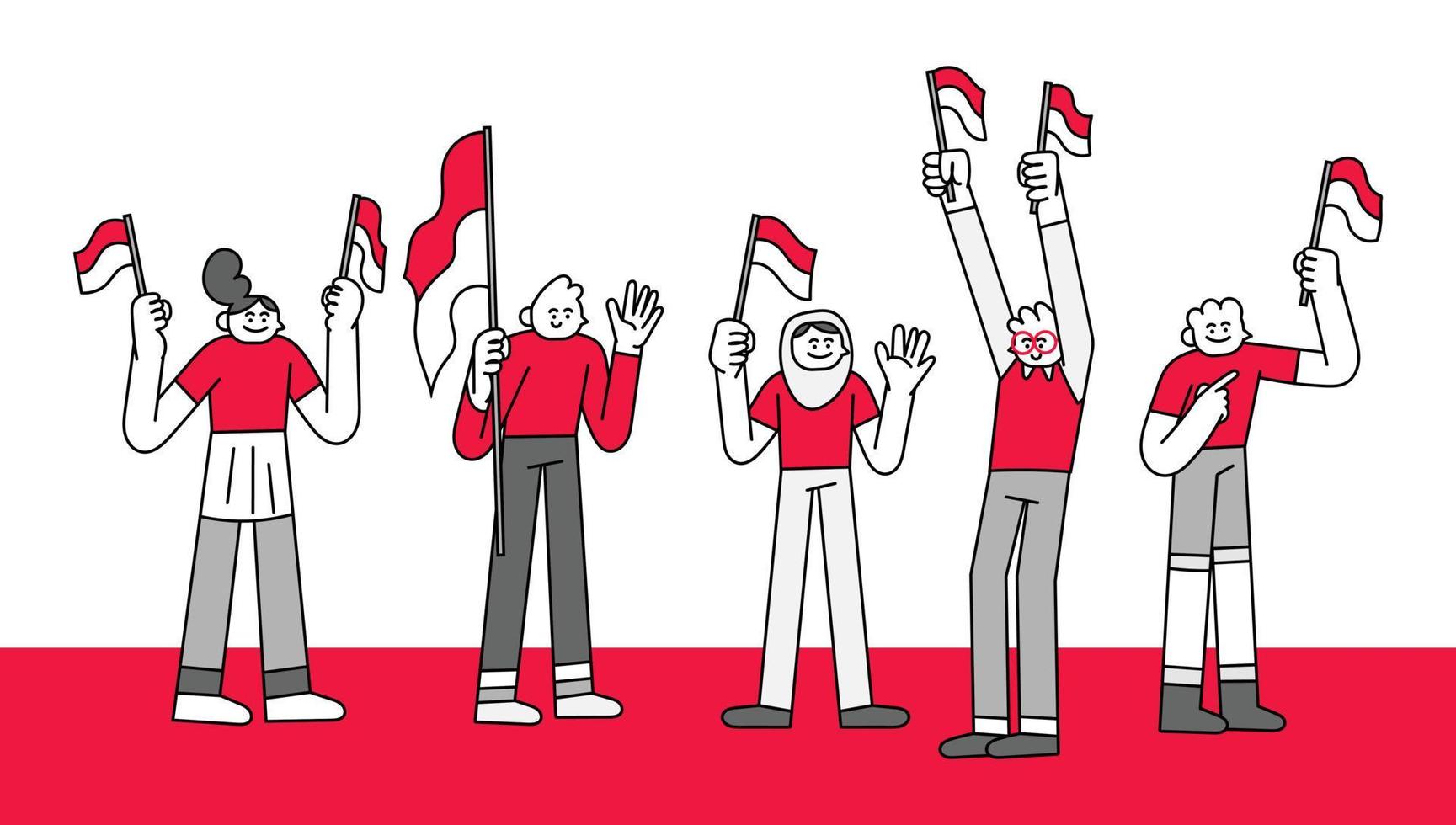 Young People Standing while Holding Flags Hand Drawn Character Illustration vector