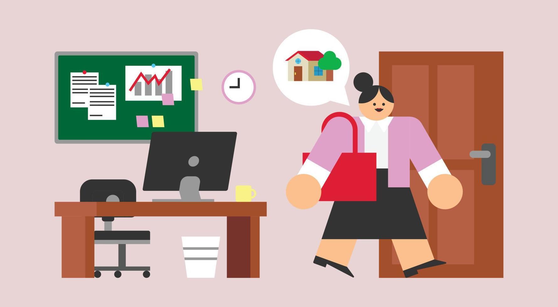 Female Worker Thinking of Going Home Flat Design Character Illustration vector