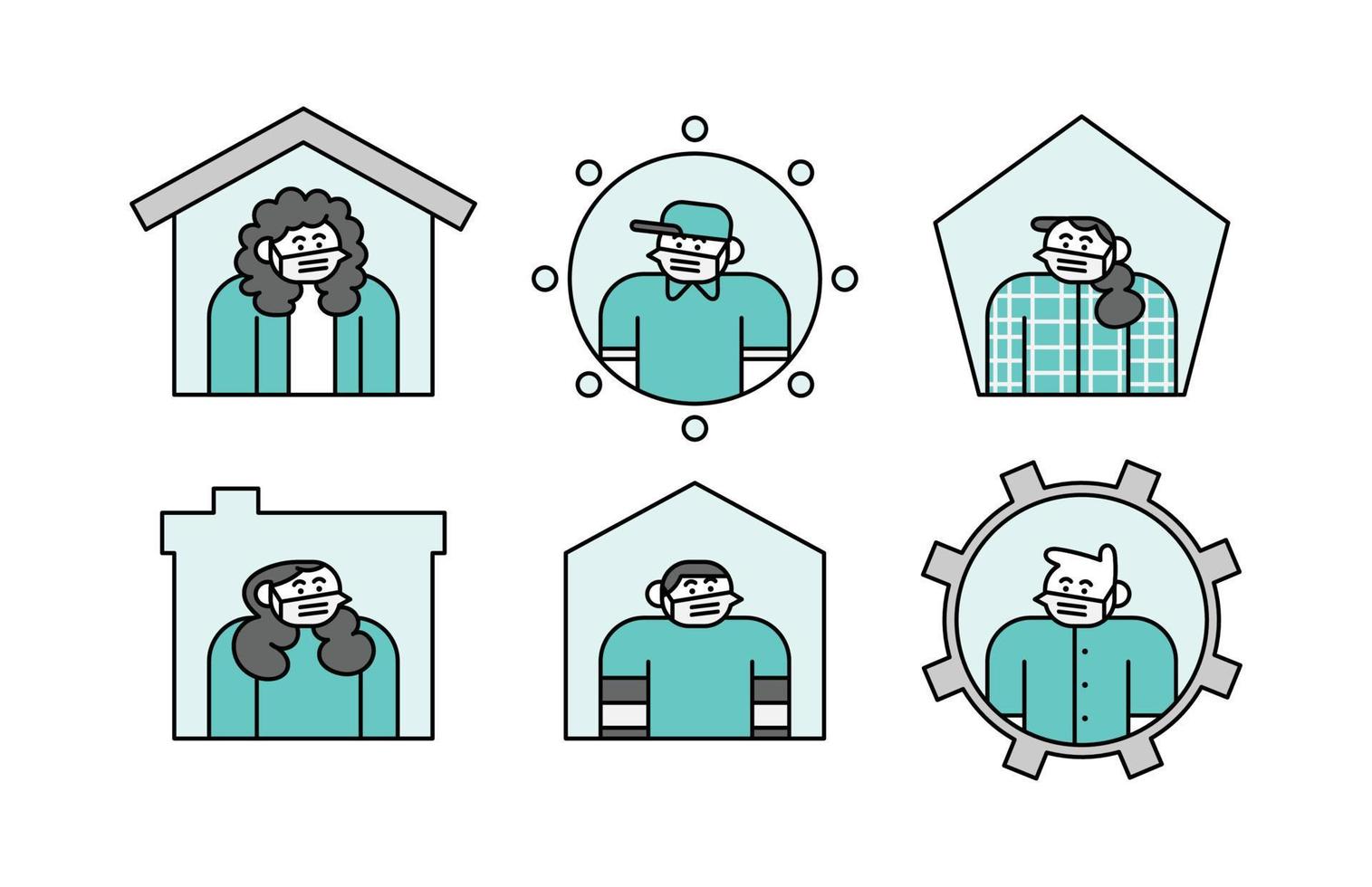 Masked People Avatar with Frame Set Hand Drawn Character Illustration vector
