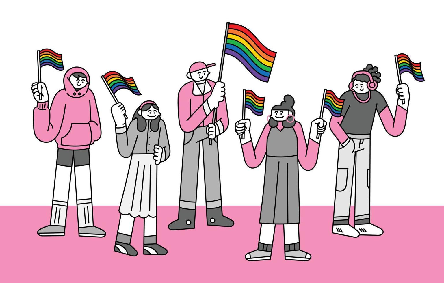 Cool People Standing while Holding Pride Flag Hand Drawn Character Illustration vector