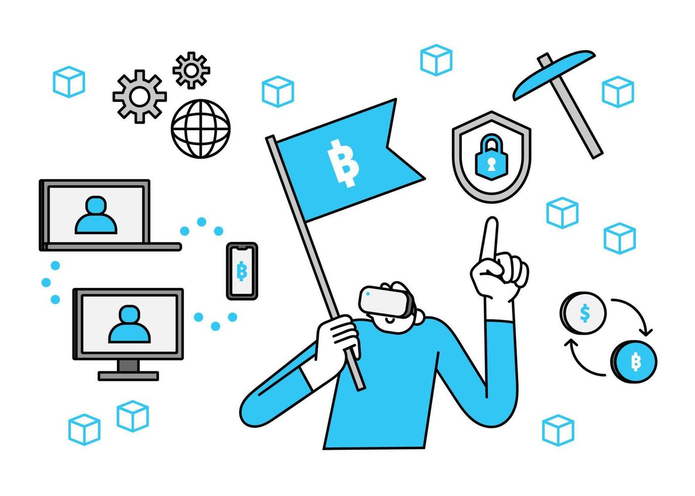Cryptocurrency Concept through VR Headset Hand Drawn Character Illustration vector