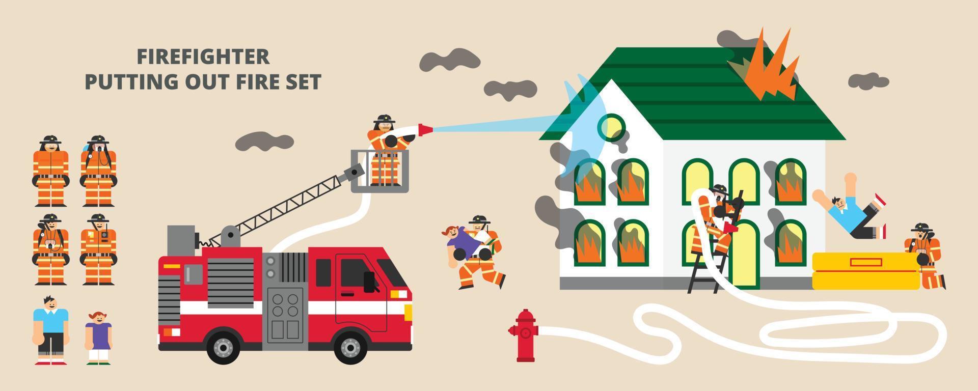 Firefighter putting out fire Set Flat Design Character Illustration 2 vector