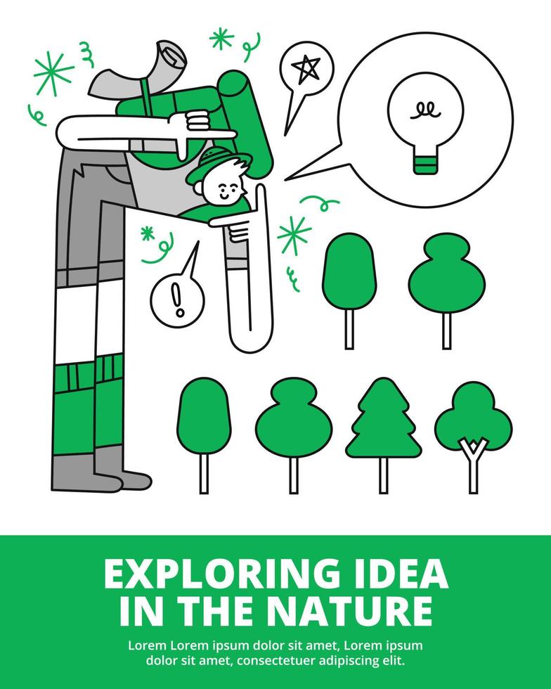 Male Explorer Searching for Idea in the Nature Hand Drawn Character Illustration vector