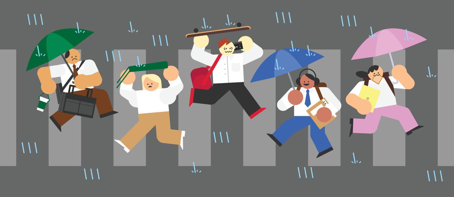 People Going to Work on Rainy Day Flat Design Character Illustration vector