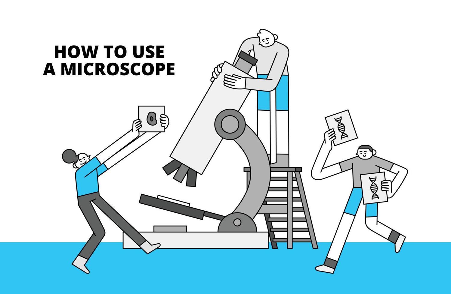 How to Use A Microscope Hand Drawn Character Illustration vector