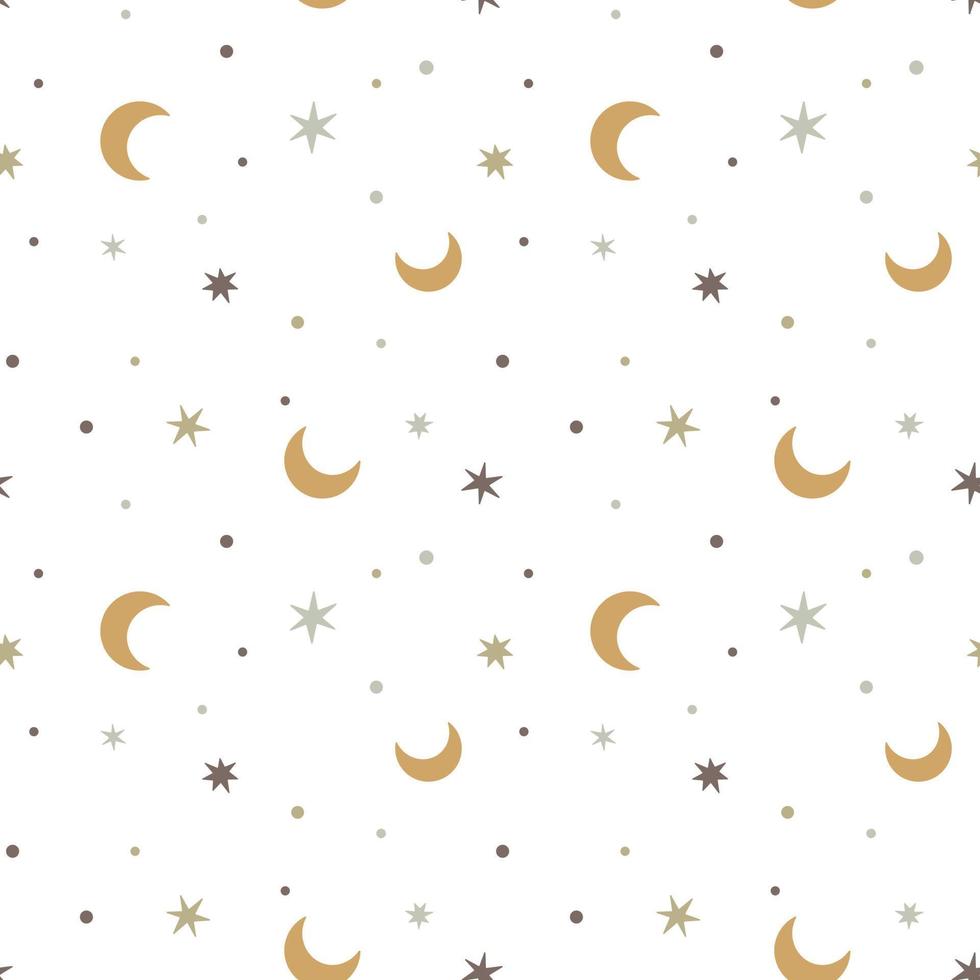 Kids bedroom pattern with pastel moon and stars. Baby boho background. Nursery wall art, baby textile, printable paper. Isolated on white background. vector