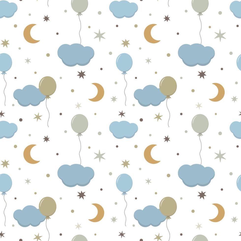 Kids bedroom pattern with pastel moon, balloons, clouds and stars. Baby boho background. Nursery wall art, baby textile, printable paper. Isolated on white background. vector