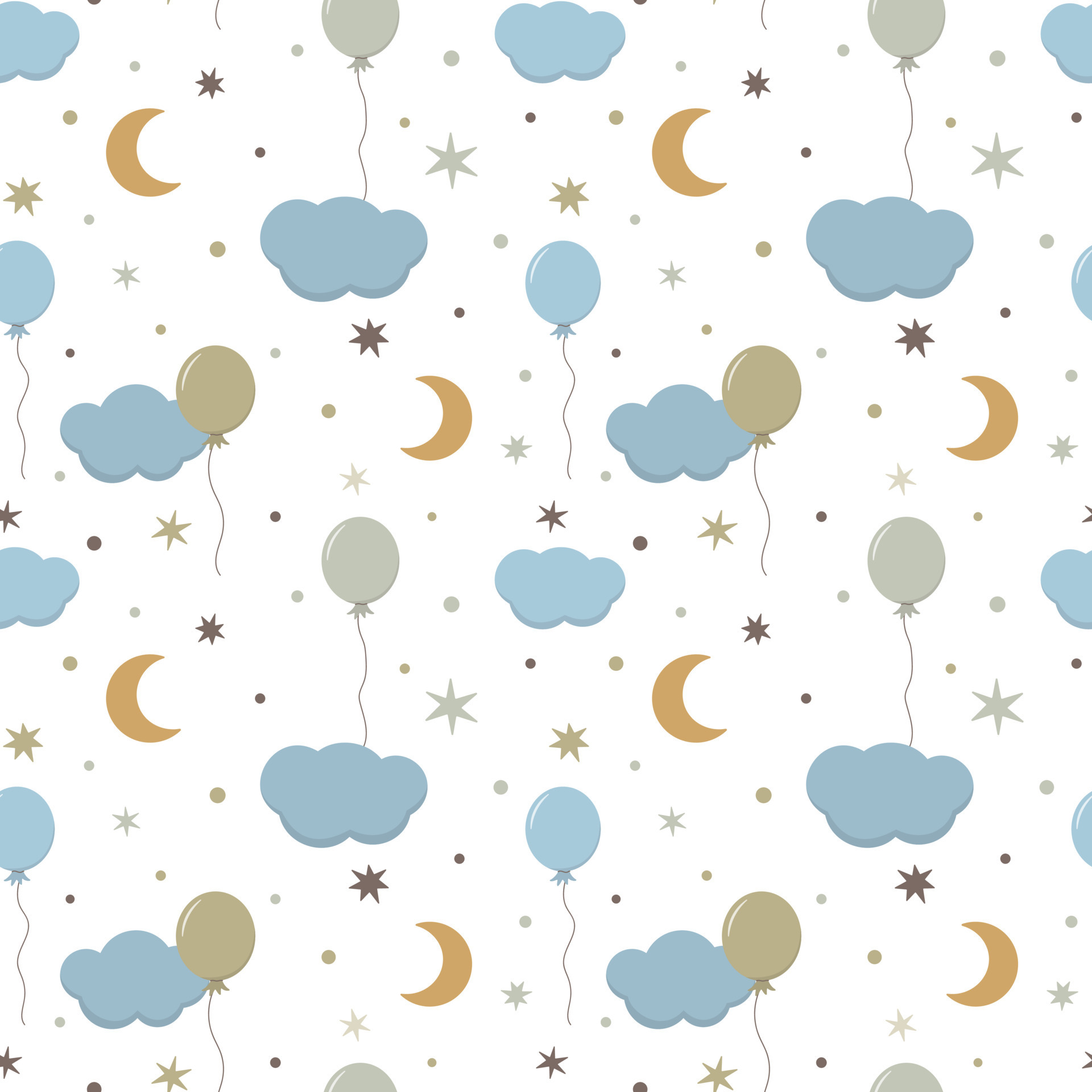 Kids bedroom pattern with pastel moon, balloons, clouds and stars. Baby boho background. Nursery