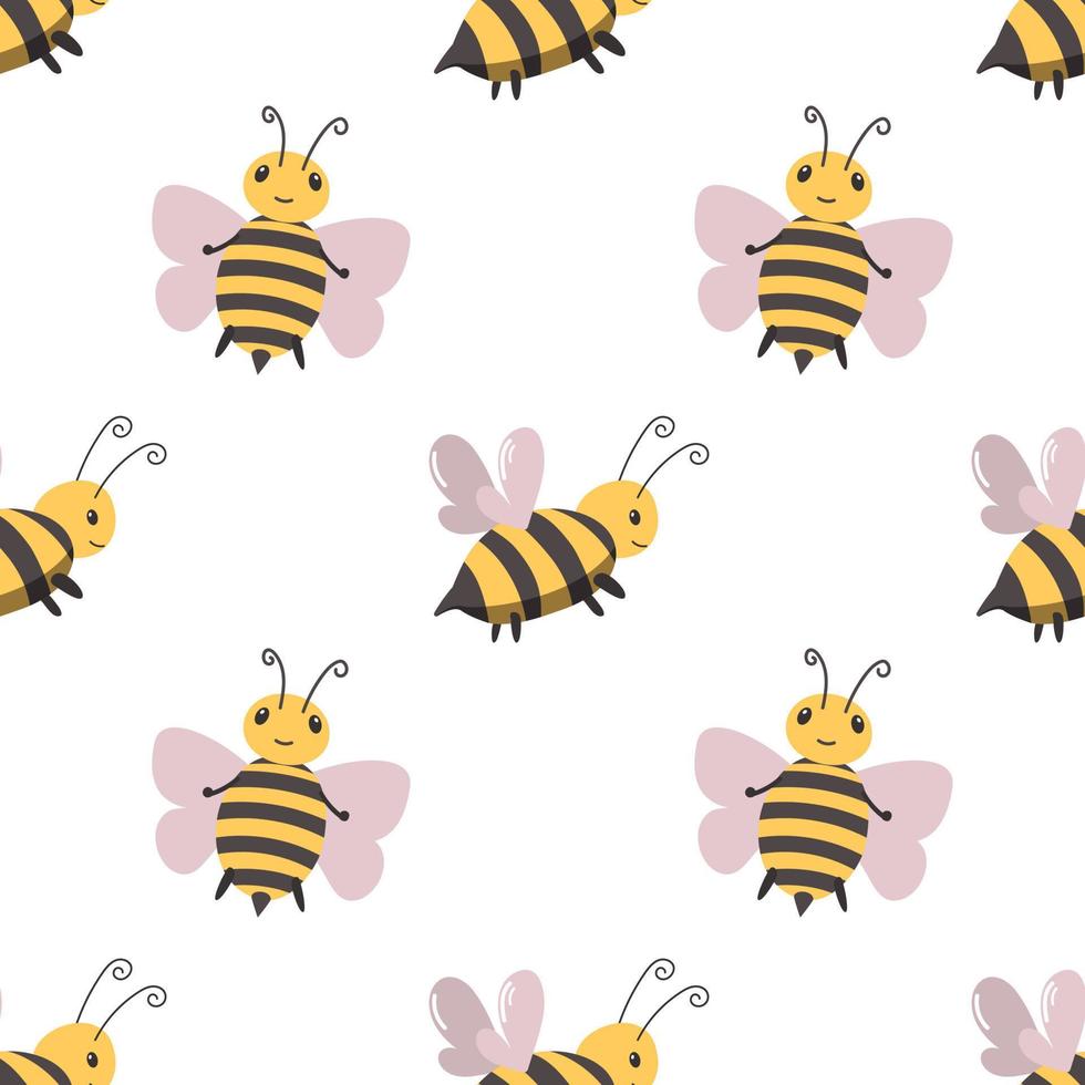 patrón sin costuras de abejas de dibujos animados lindo sobre fondo blanco. telón de fondo de verano. tela dibujada a mano, diseño gráfico textil. vector