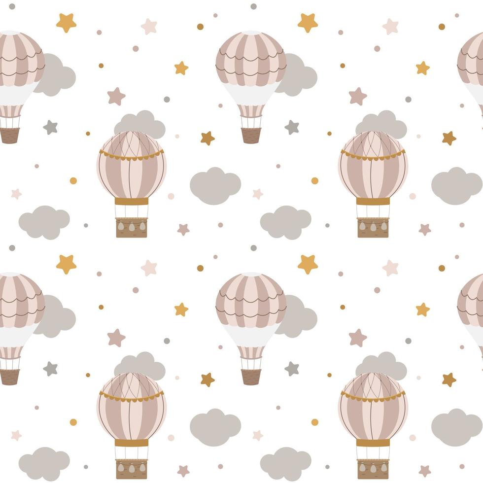 globo de aire caliente vivero de patrones sin fisuras con nubes, estrellas. aislado sobre fondo blanco. diseño para tela, textiles o papel tapiz. vector