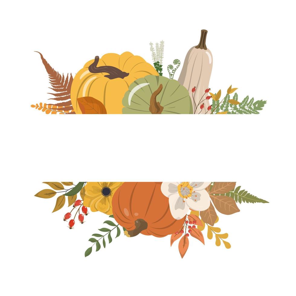 Autumn seasonal horizontal frame with colorful pumpkins, flowers, forest leaves. Isolated on white background. Autumn frame design template print. Vector illustration. Nature design.