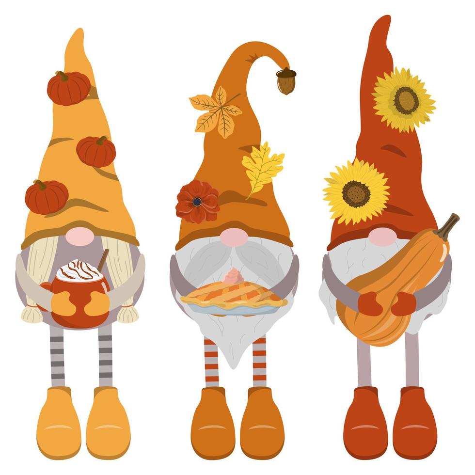 Fall cartoon gnomes with pumpkin spice mug, pie on plate, and pumpkin. Isolated on white background. Great for print, card. Fun autumn art. vector