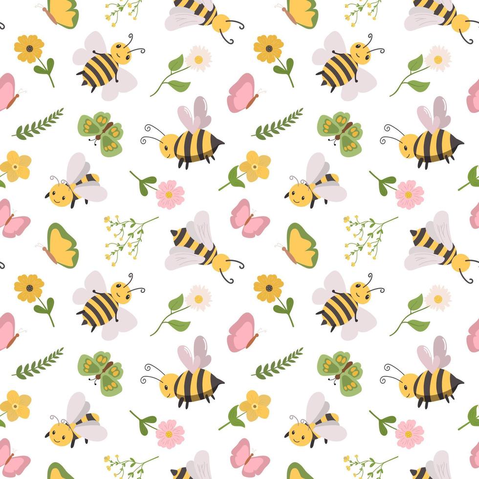 Cute cartoon bees with pink and yellow flowers vector seamles pattern. Hand drawn fabric textile graphic design.