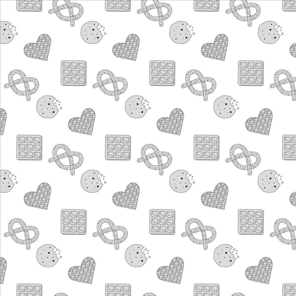 Seamless vector pattern with hand drawn contour waffles, pretzel cookies, on white background. Bakery theme hand drawn elements photo